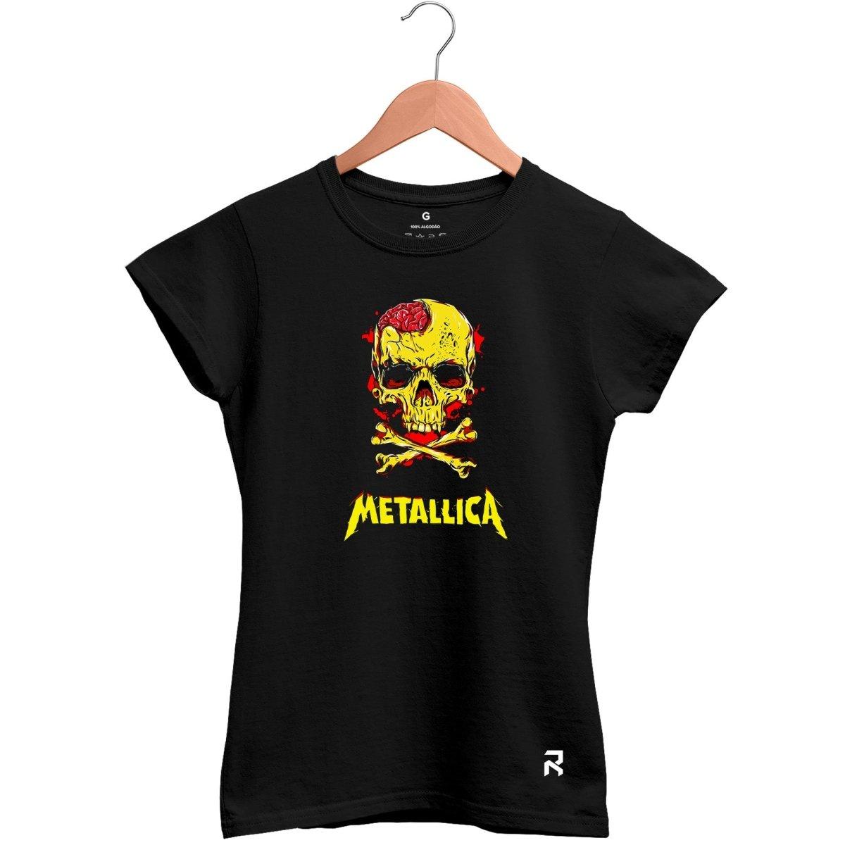 Camiseta Baby Look Feminina Caveira Metallica - Clube Rock - P - Preta -