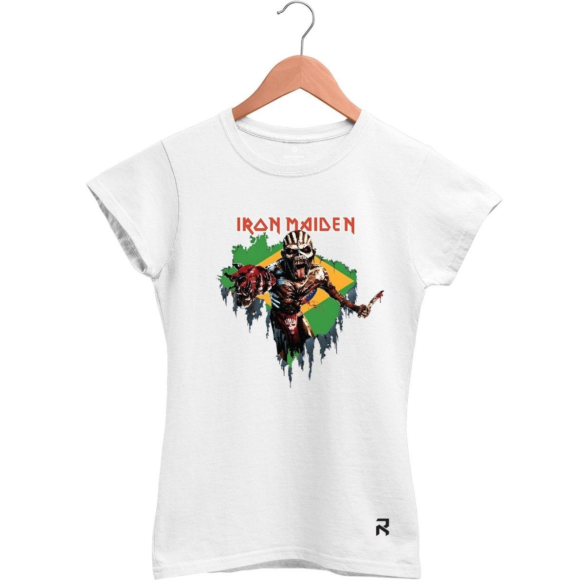Camiseta Baby Look Feminina Iron Maiden bandeira - Clube Rock - P - Branca -
