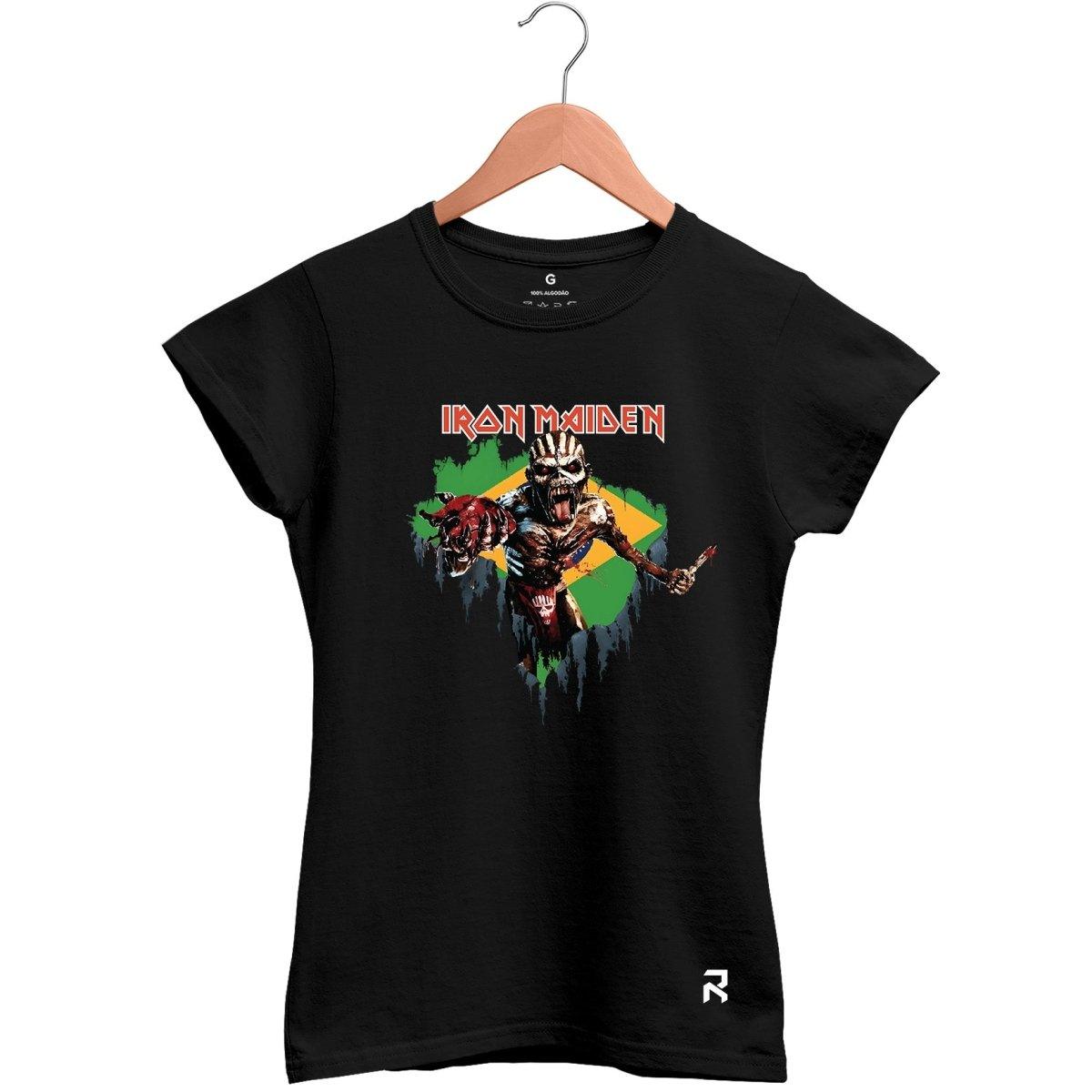 Camiseta Baby Look Feminina Iron Maiden bandeira - Clube Rock - P - Preta -