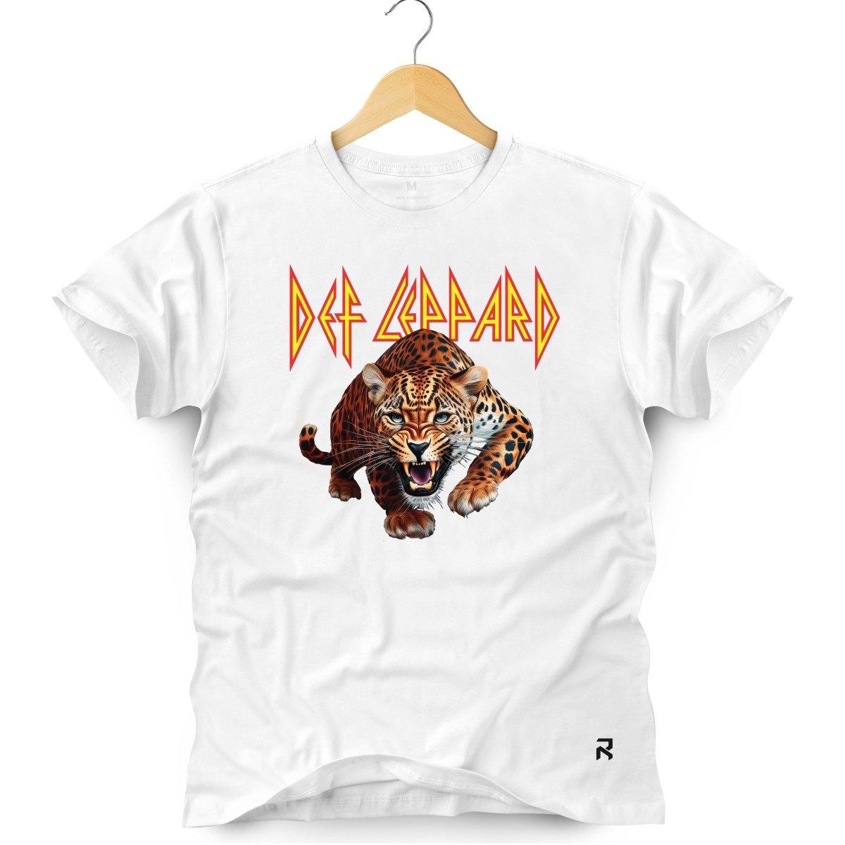 Camiseta Masculina Def Leppard Leopardo - Clube Rock - P - Branca -