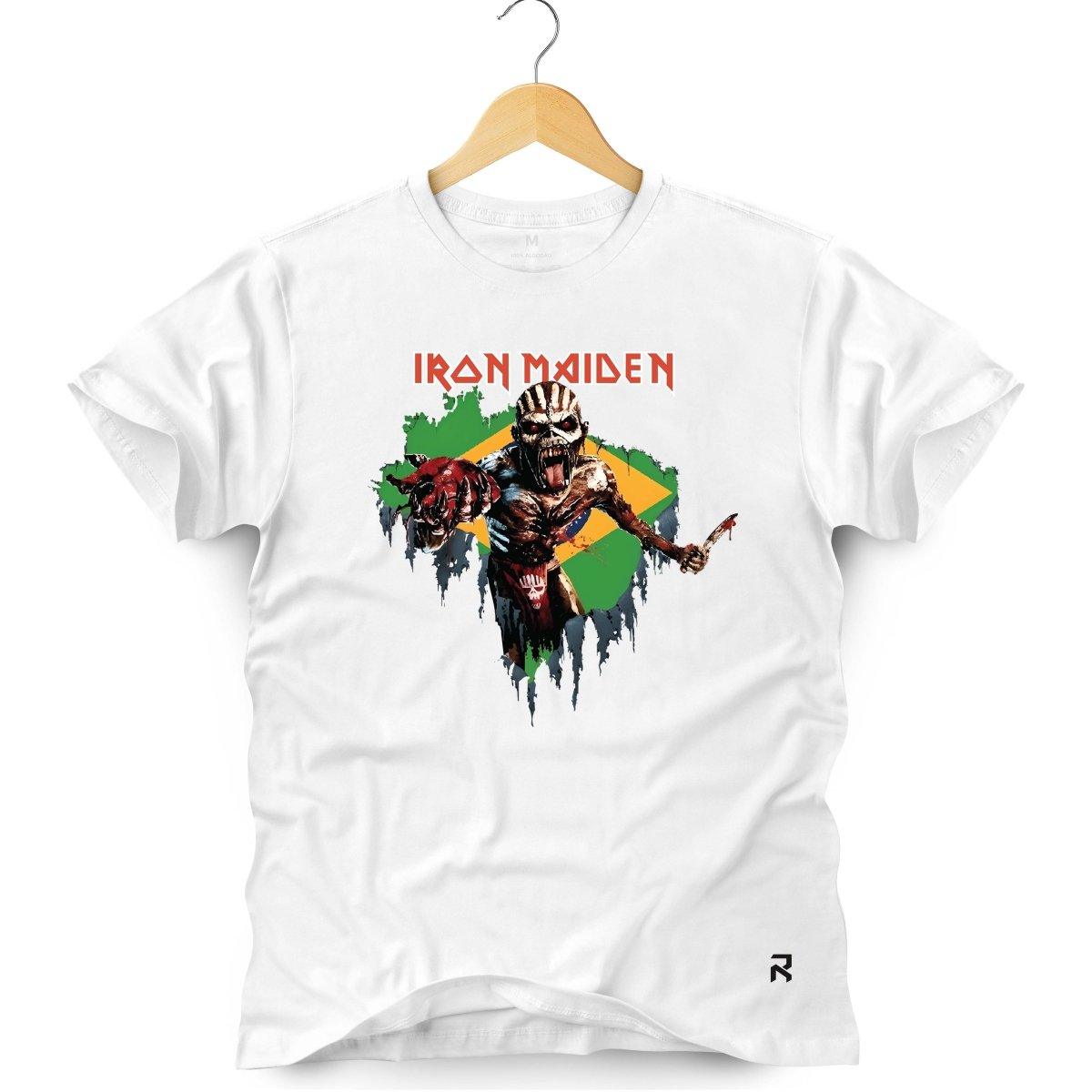 Camiseta Masculina Iron Maiden Bandeira - Clube Rock - P - Branca -