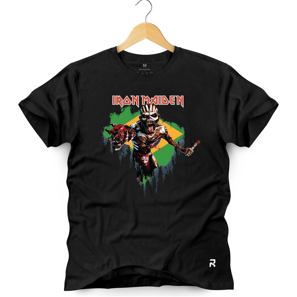 Camiseta Masculina Iron Maiden Bandeira - Clube Rock - P - Preta -