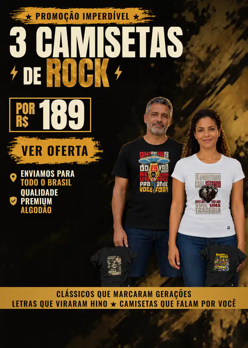 Promoção imperdível: 3 camisetas de rock por R$ 189. Enviamos para todo o Brasil. Qualidade premium, algodão. Um homem com a camiseta masculina Raul Disco Voador e uma mulher com a baby look branca Cada Segundo, ao lado das camisetas Complicada e Perfeitinha e Pelados em Santos. Clássicos que marcaram gerações, letras que viraram hino, camisetas que falam por você. Ver oferta.